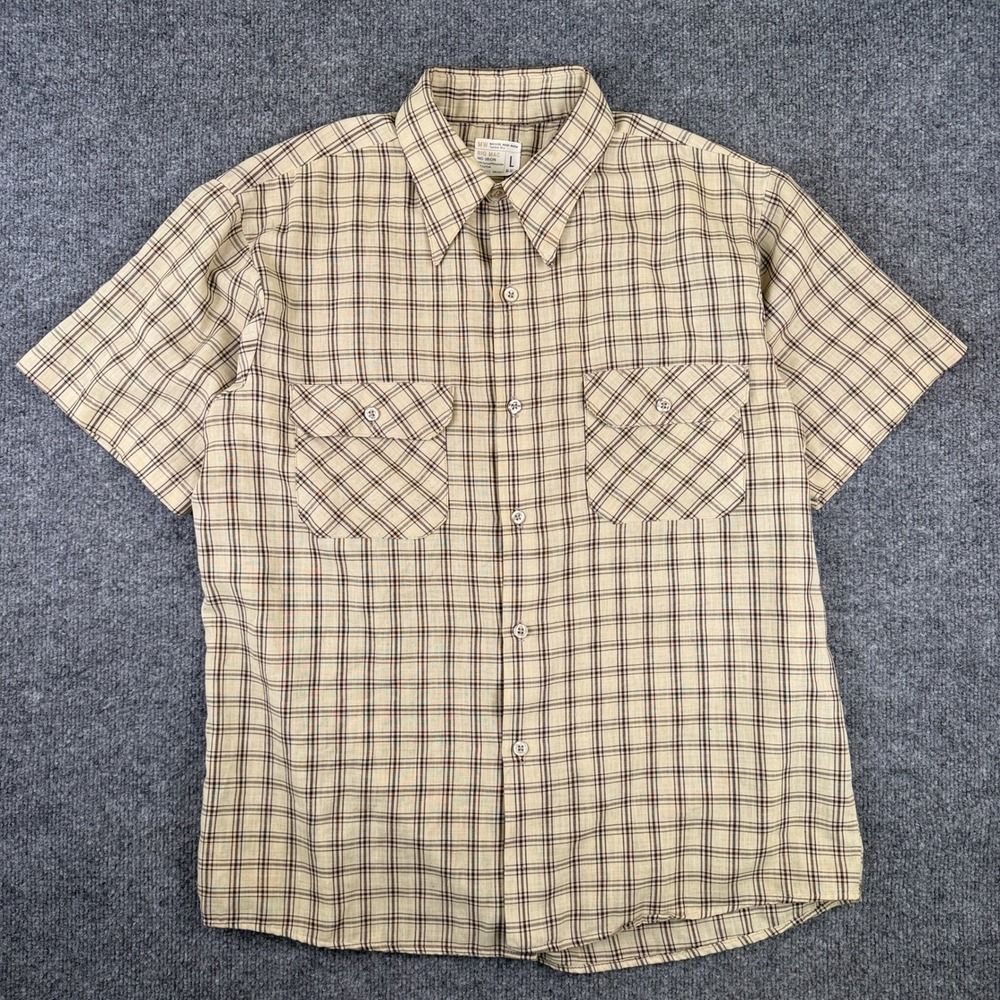 Vintage 70s Big Mac Shirt Mens L Brown Plaid Flannel Short Sleeve Button Up Work